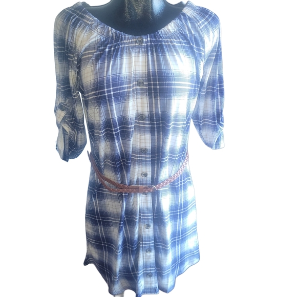 My Style Blue Plaid Faux Button Front Dress with Belt Sz.S - Picture 2 of 7